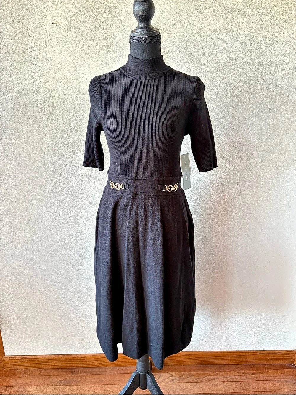 Women's NWT London Times Ribbed Midi Dress Black Size Medium